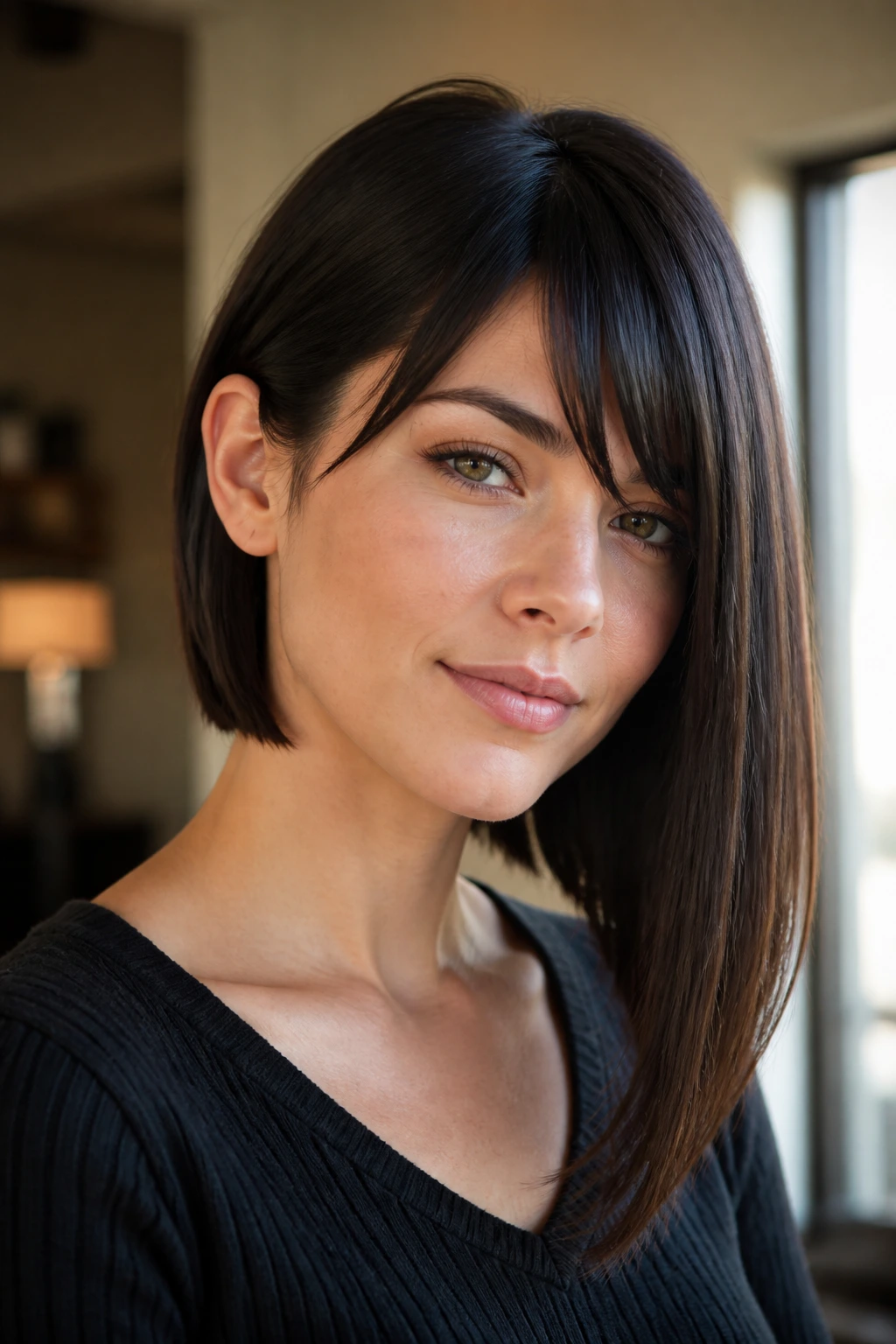 Close-up portrait of a real woman with a blunt lob and one-side weight