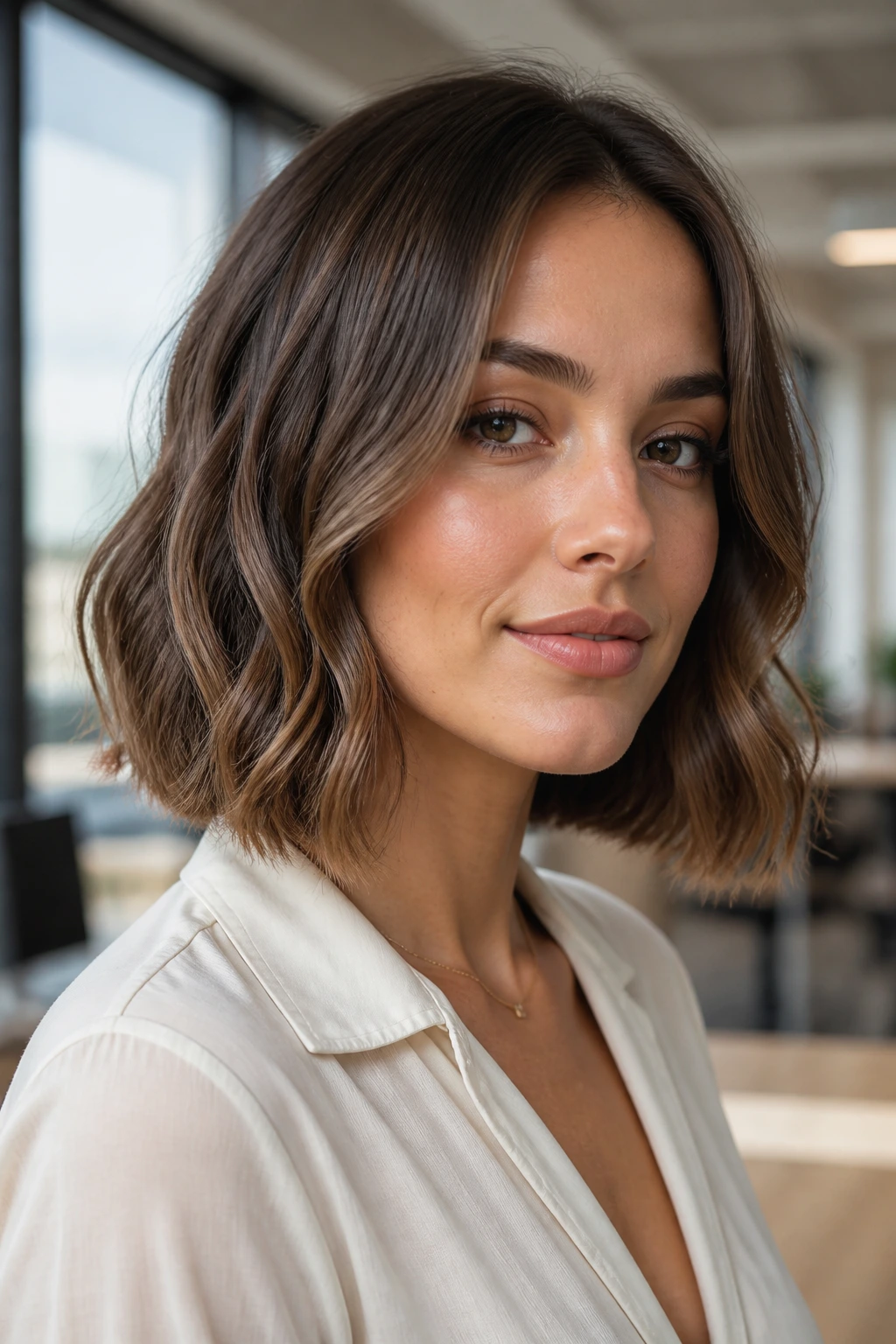 Portrait of a woman with blunt lob and polished bends
