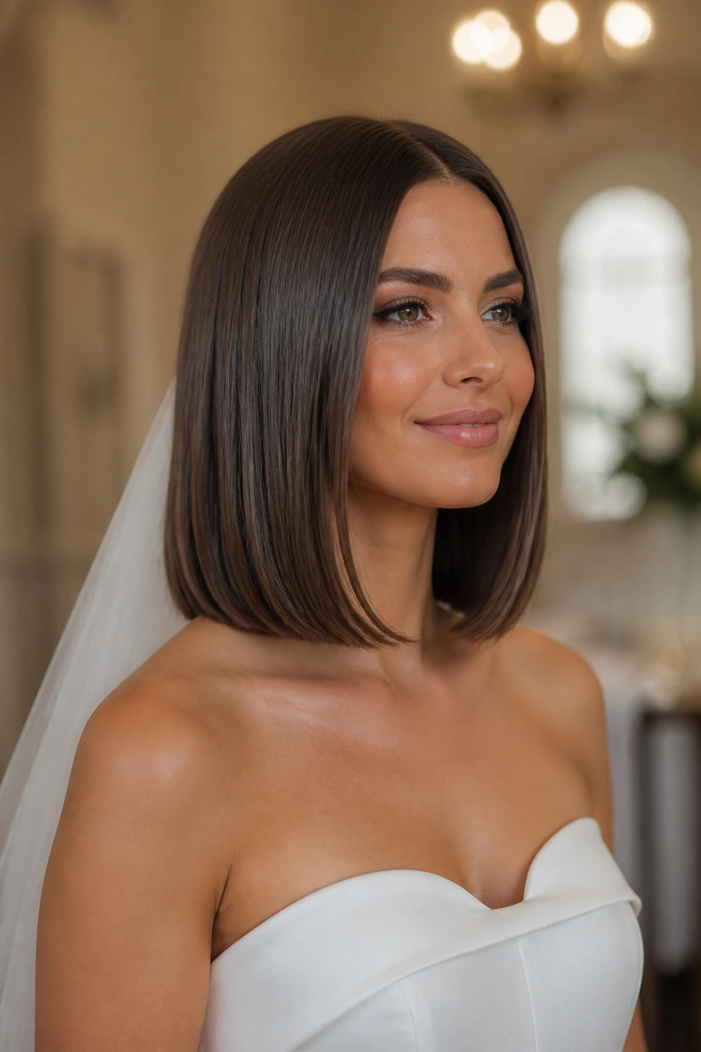 Close-up of a real bride with blunt lob and sculpted ends.