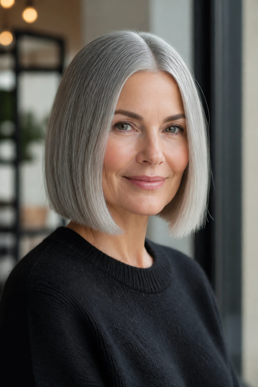 Close-up portrait of a woman with a sleek blunt lob and center part