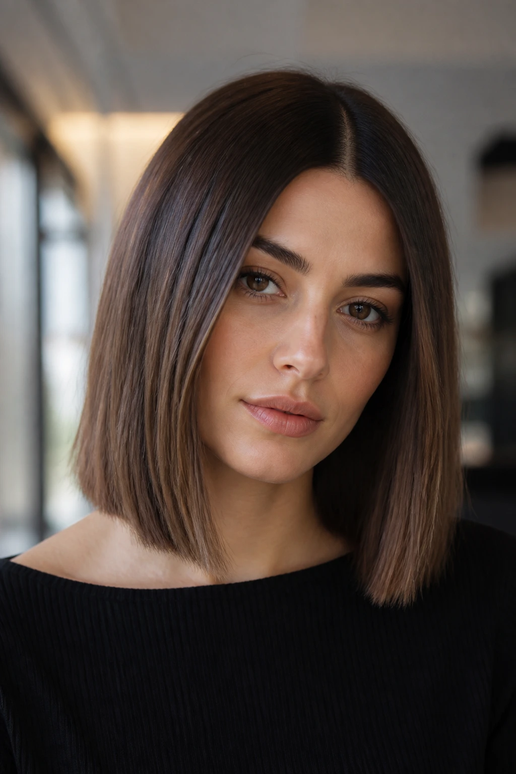 Real person with blunt lob and center part, crisp line and glossy straight ends.