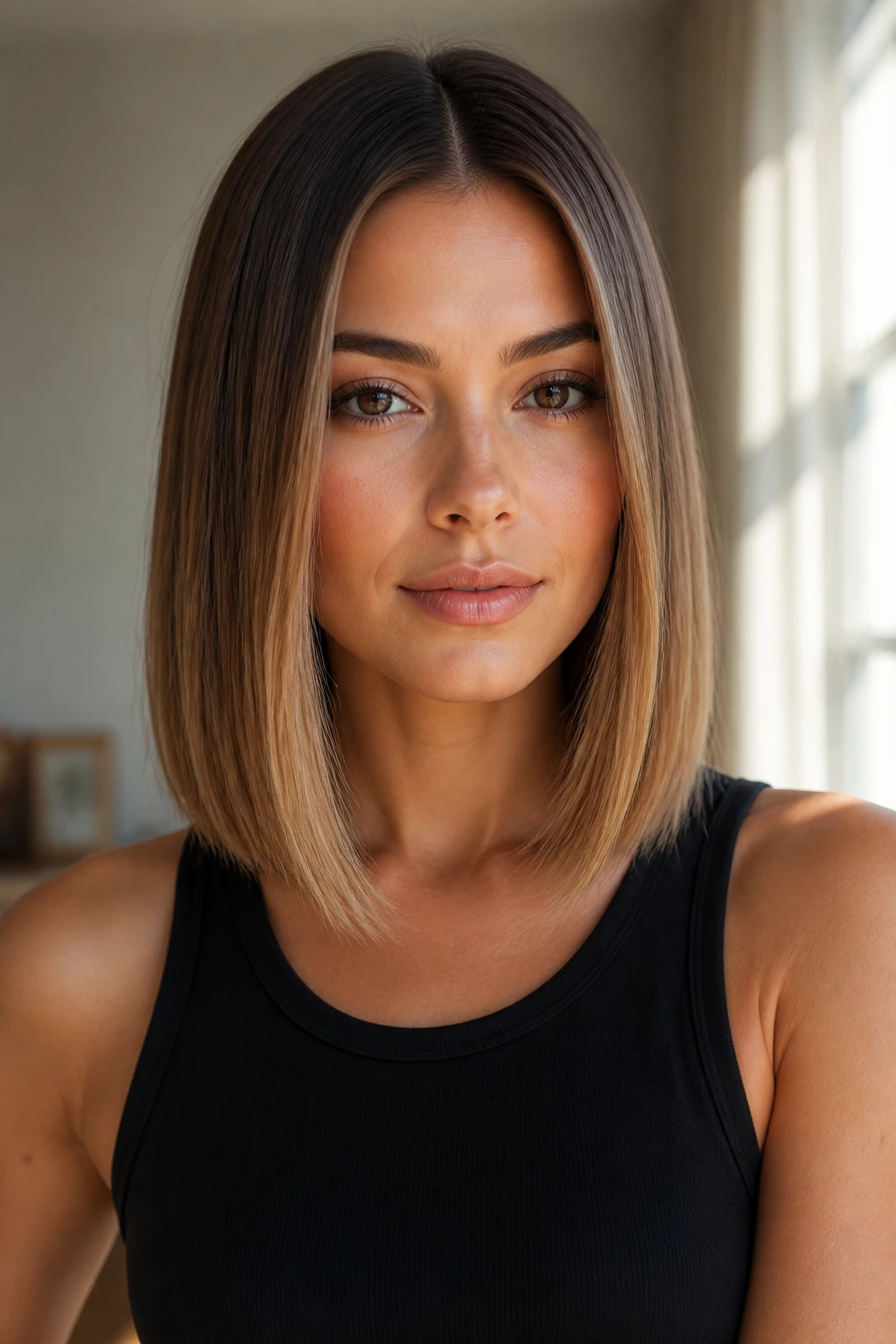 Close-up of real person with center-part blunt lob and clean ends