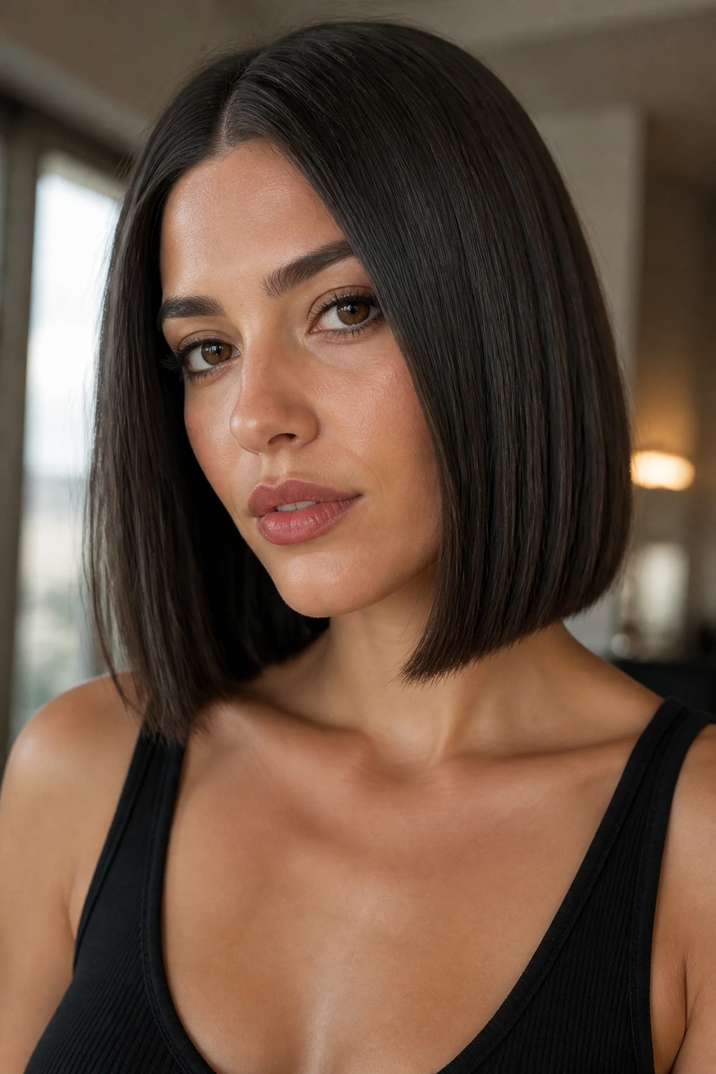 Close-up of a real woman with blunt center-part lob at collarbone length.