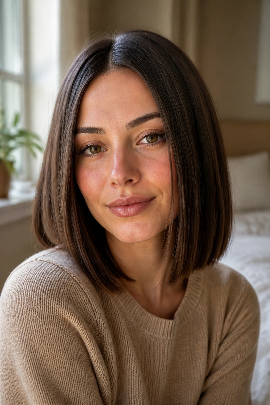 Close-up portrait of a real woman with a blunt lob and center part in soft bedroom light