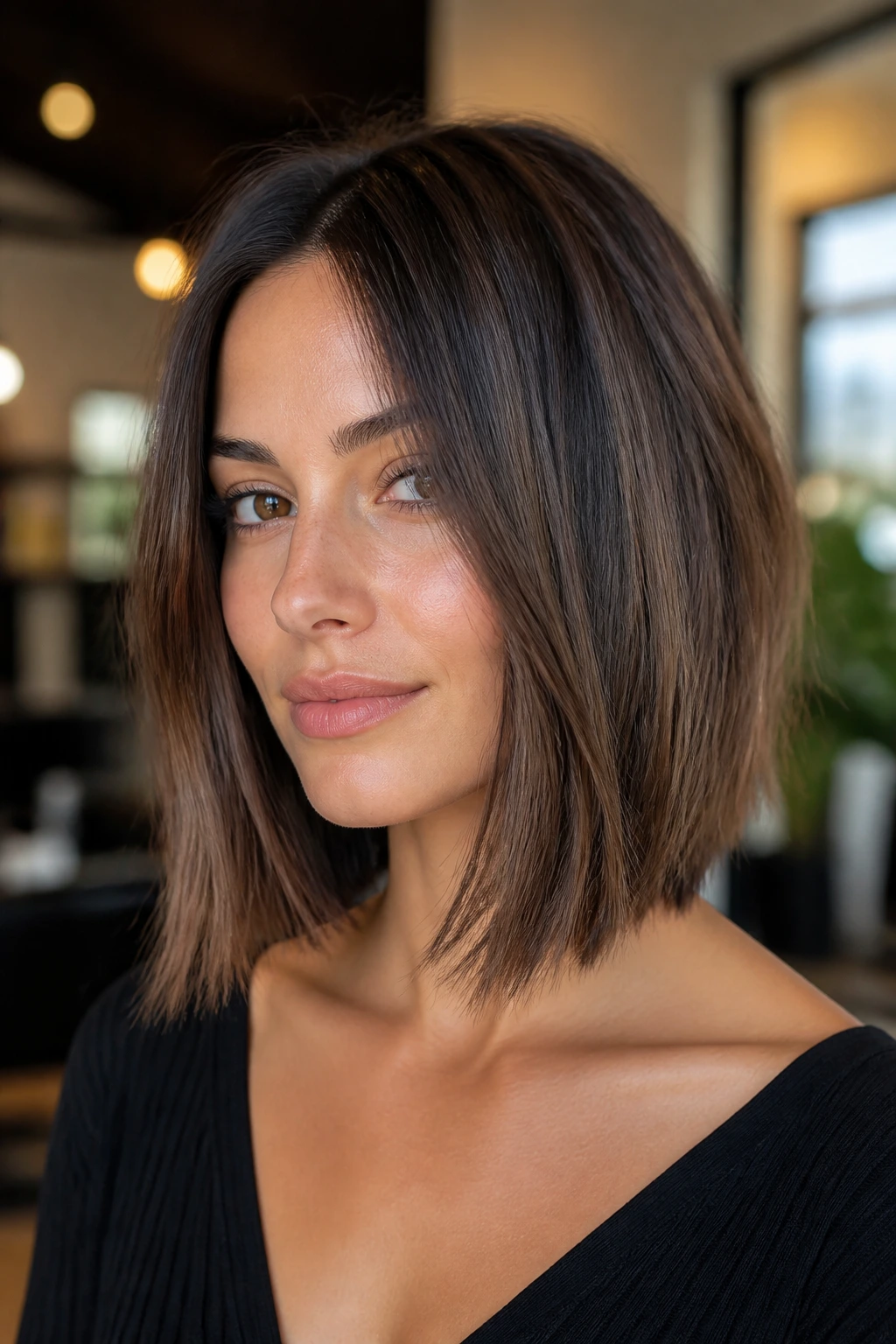 Blunt choppy lob with soft point-cut ends on a real person