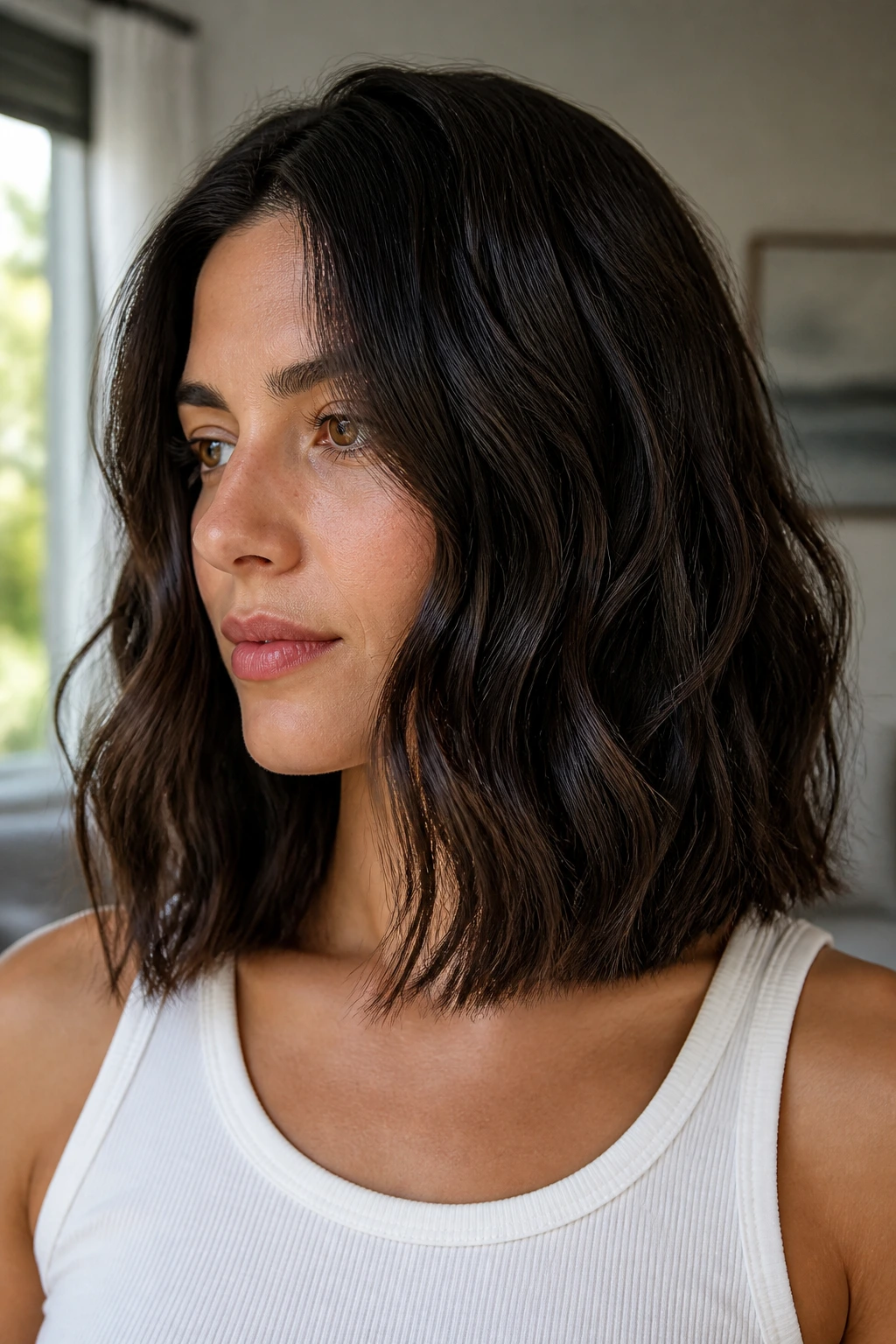 Close-up of a woman with a collarbone-length blunt lob and sharp edge