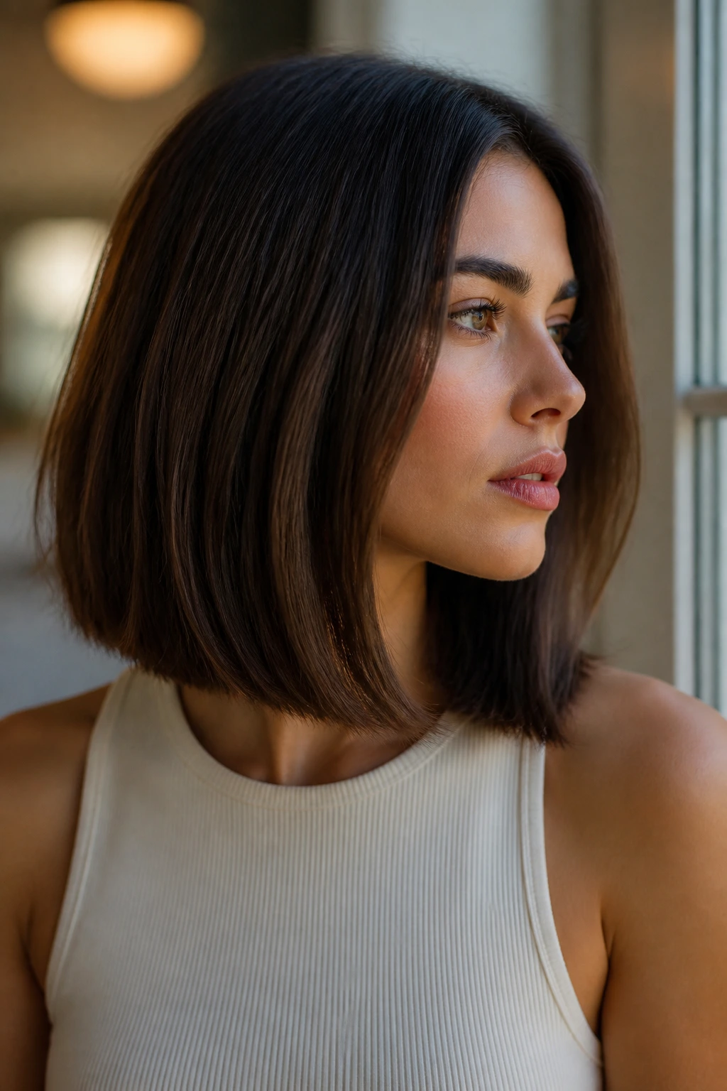 Close-up of a real person with a crisp collarbone-length blunt lob and clean edge
