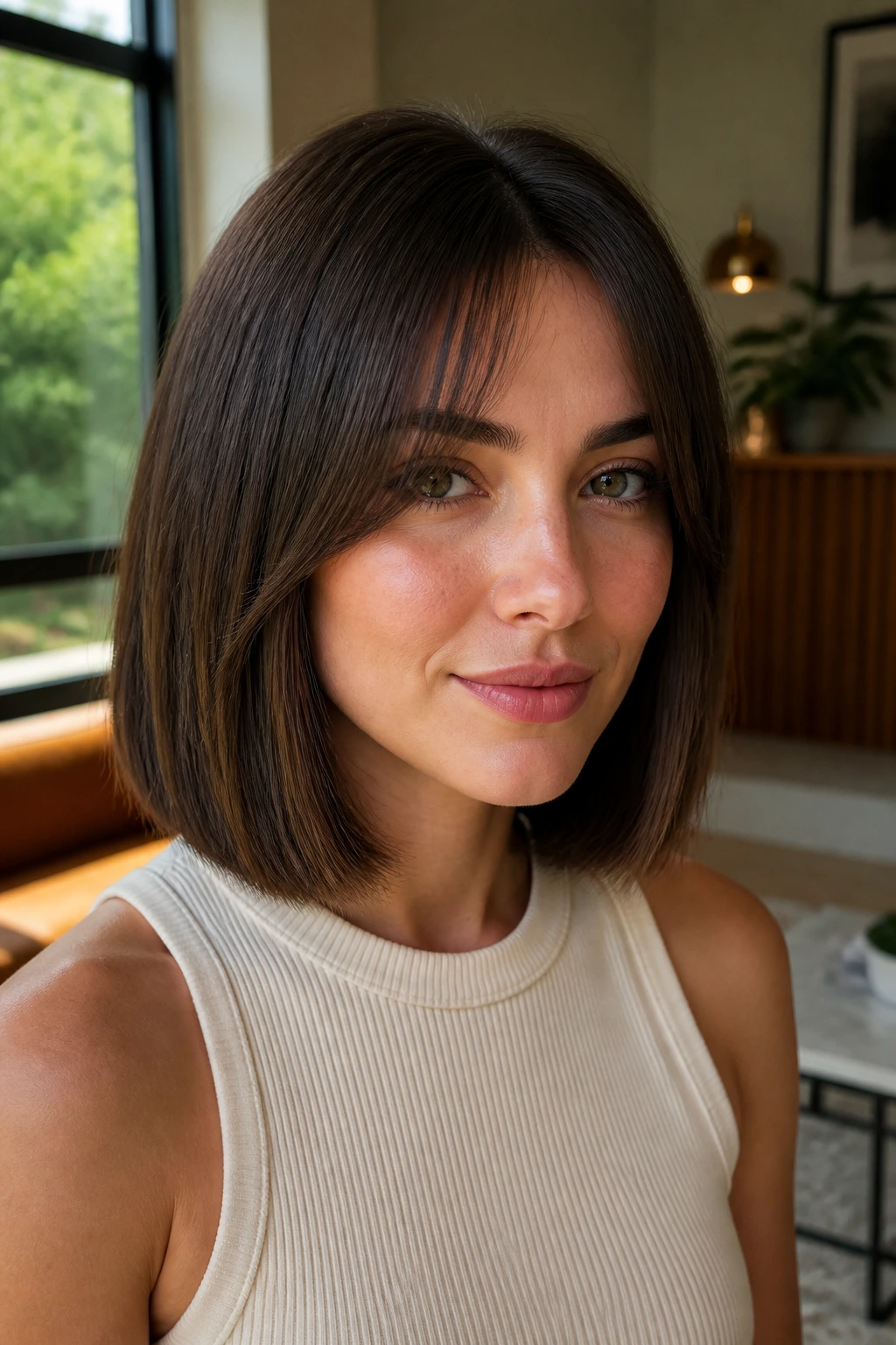 Close-up of a real woman with blunt lob and subtle curtain bangs in warm window light