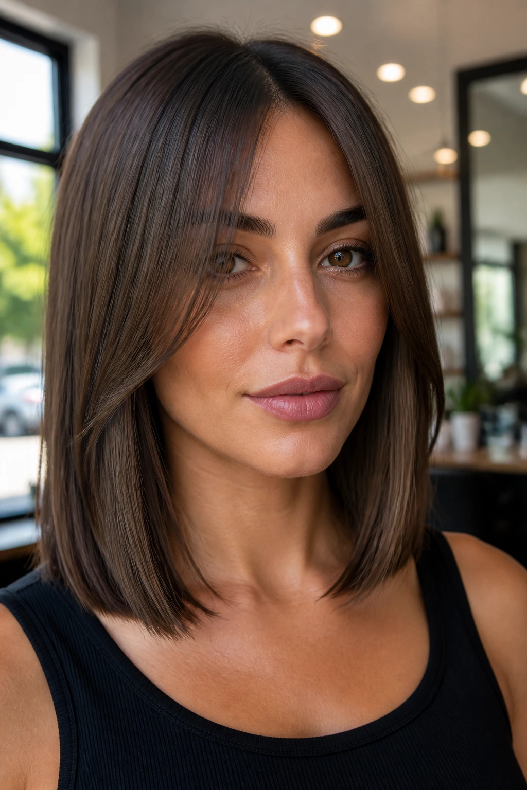Close-up portrait of a real woman with blunt collarbone-length lob and long curtain bangs