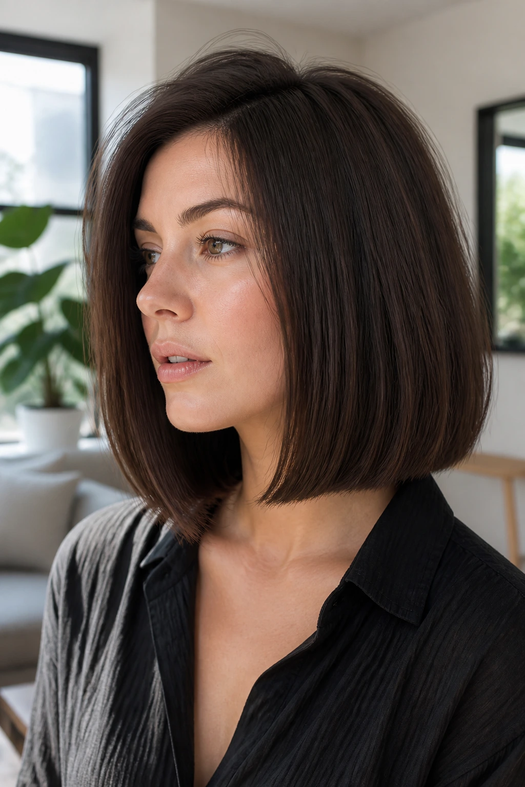 Portrait of a real woman with a blunt, volume-rich lob and lifted crown.