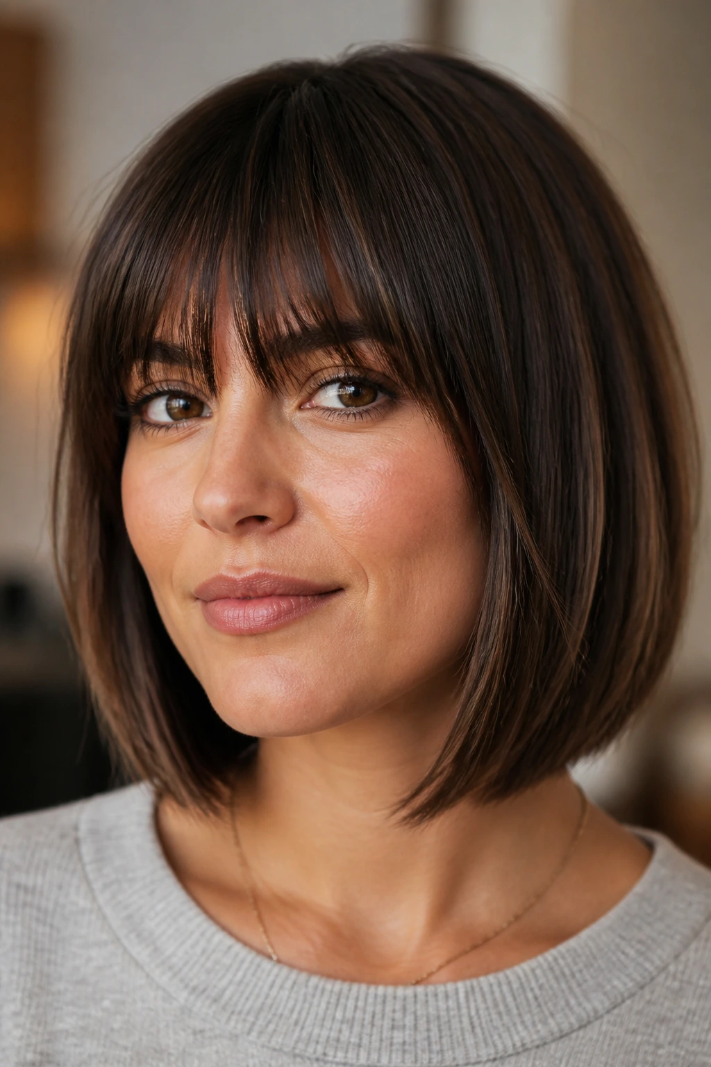 Real woman with blunt lob and eyebrow-grazing bangs