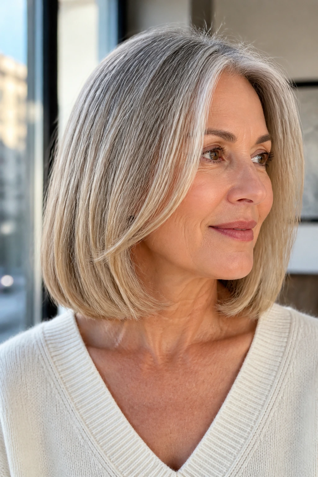 Close-up of a real woman with a soft blunt lob and face-framing layers.