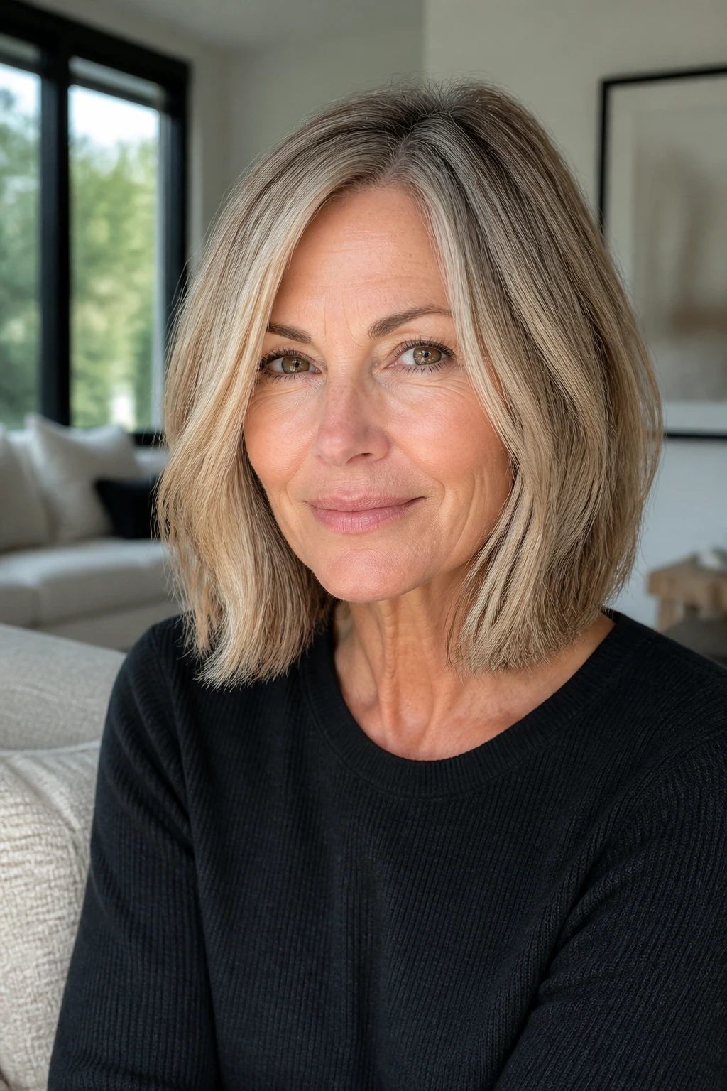 Real woman with blunt lob and soft bends in fine hair under natural light