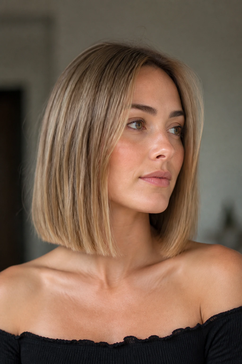 Close-up portrait of a person with a blunt collarbone-length lob and crisp ends