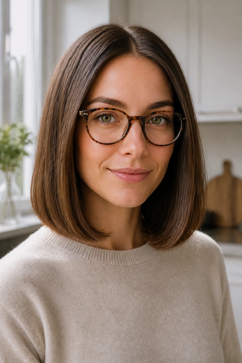 Portrait of a woman with blunt lob at collarbone, center part.