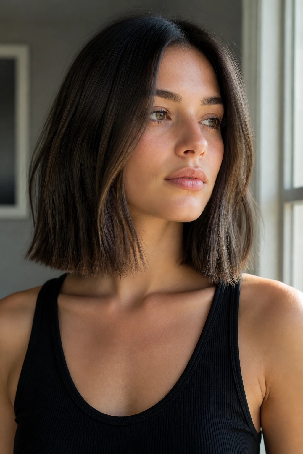 Blunt collarbone lob hairstyle on a real woman