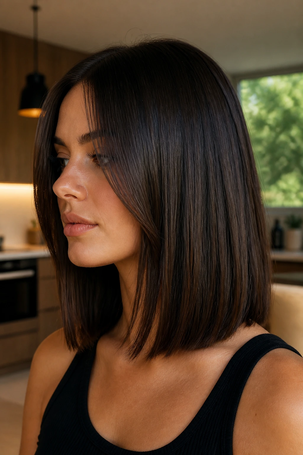 Close-up portrait of a real woman with blunt lob and hidden layers