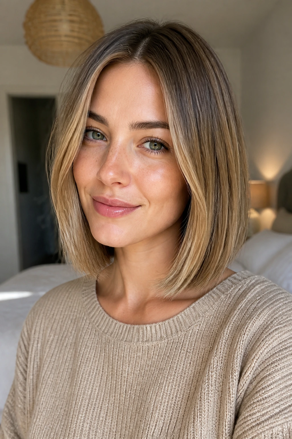 Portrait of woman with blunt lob and hidden weight