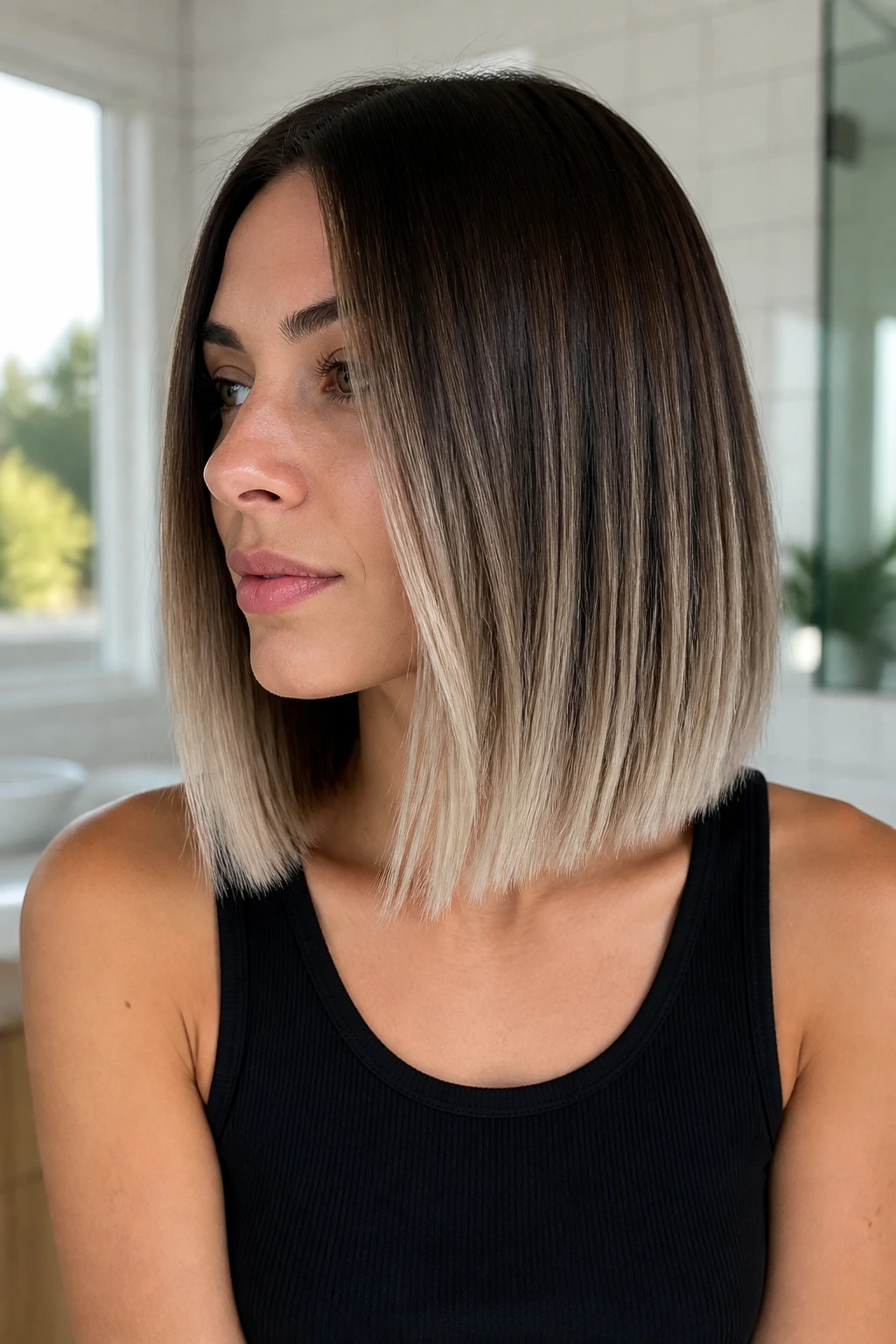 Real woman with blunt lob and icy pale ends under bright natural light