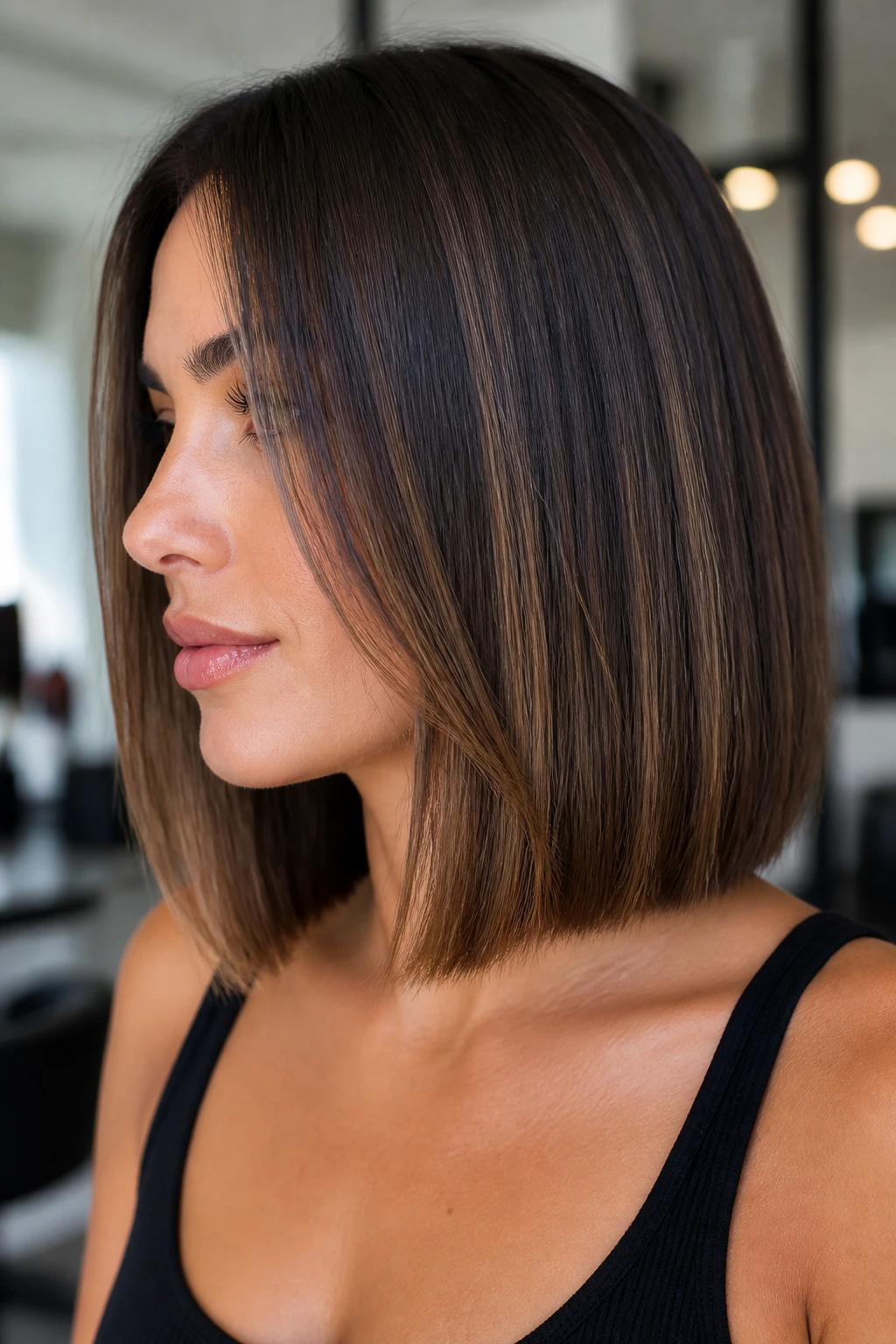 Close-up of a real woman with blunt lob hairstyle showing subtle internal layering, in a modern salon
