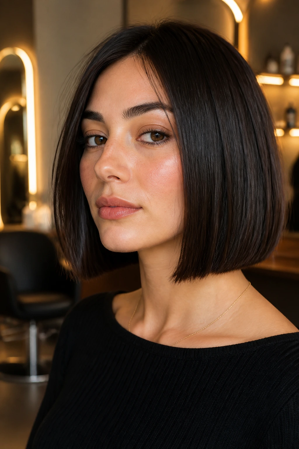 Close-up of a real woman with blunt lob ending below the jaw in chic salon lighting.