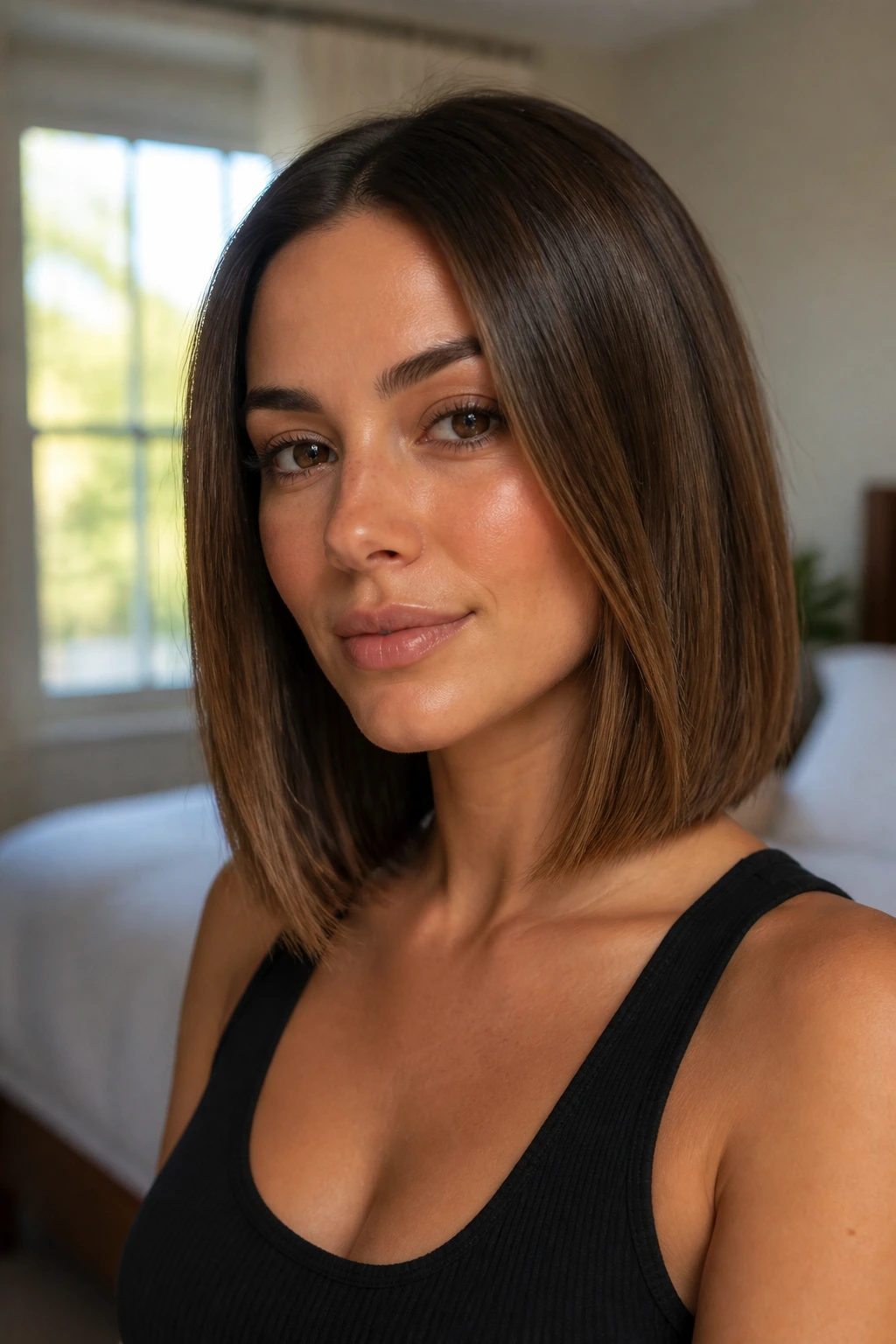 Close-up portrait of a real woman with a blunt lob in warm window light
