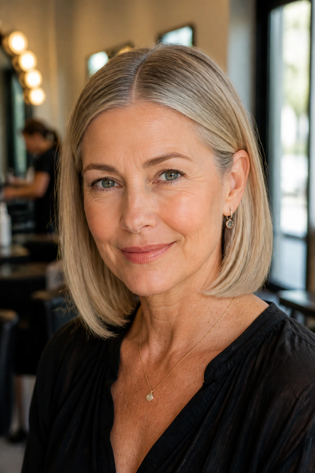 Close-up of a real woman with a blunt lob haircut, clean edge and subtle movement.