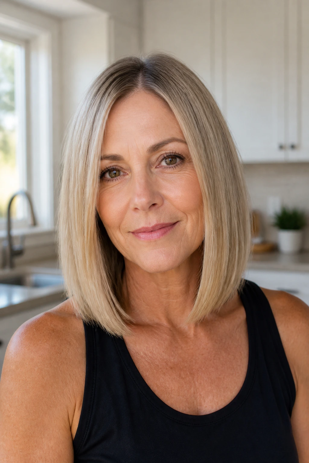 Close-up of a real woman with a blunt lob at collarbone length in bright kitchen light.