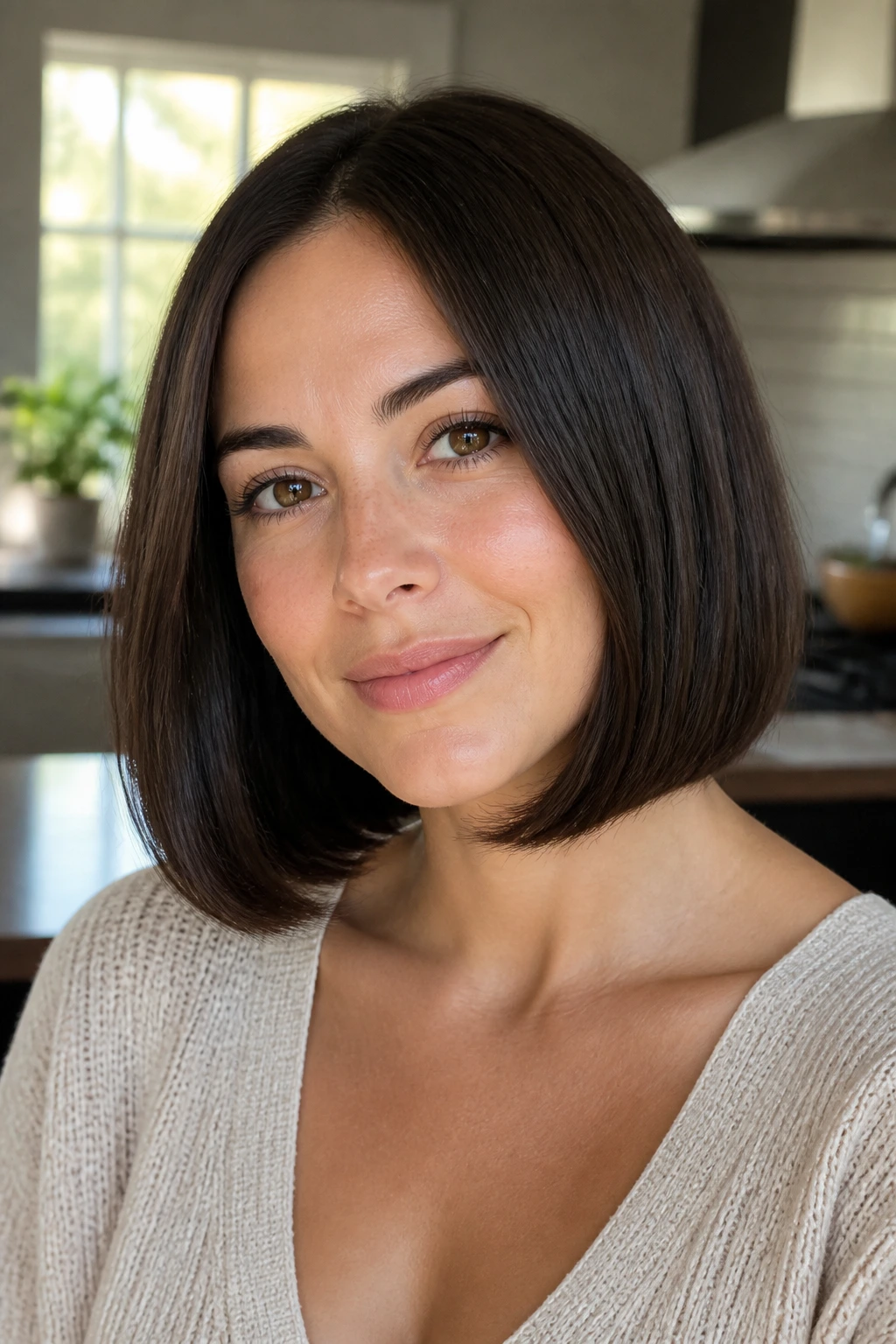 Close-up of a woman with a blunt lob and rounded under-curve in bright kitchen light