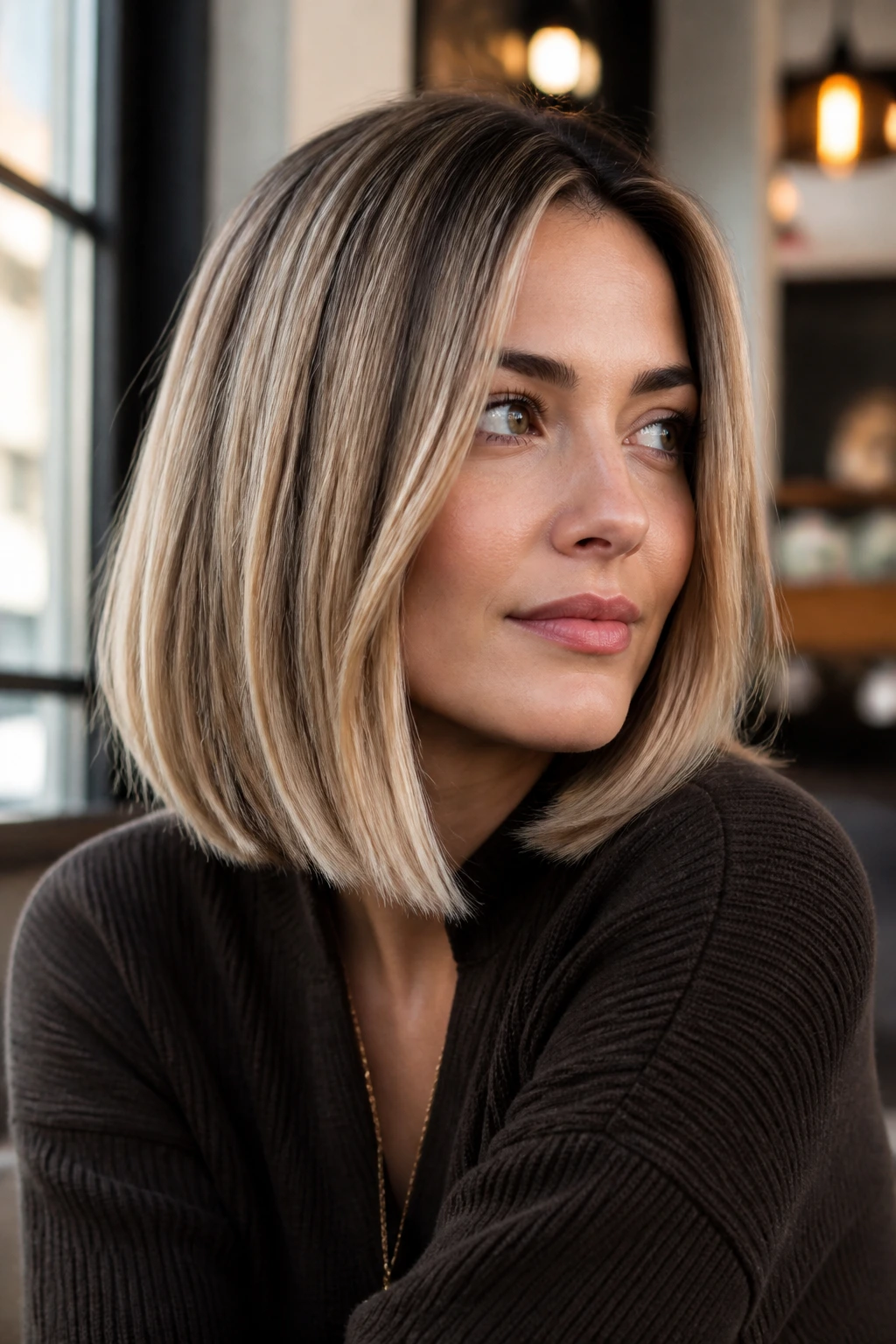 Close-up portrait of a real person showing a medium-length blunt lob haircut that retains its shape.