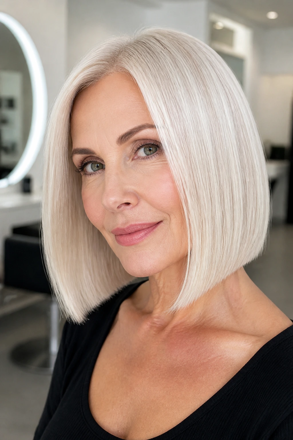 Real woman with blunt platinum lob and glossy finish