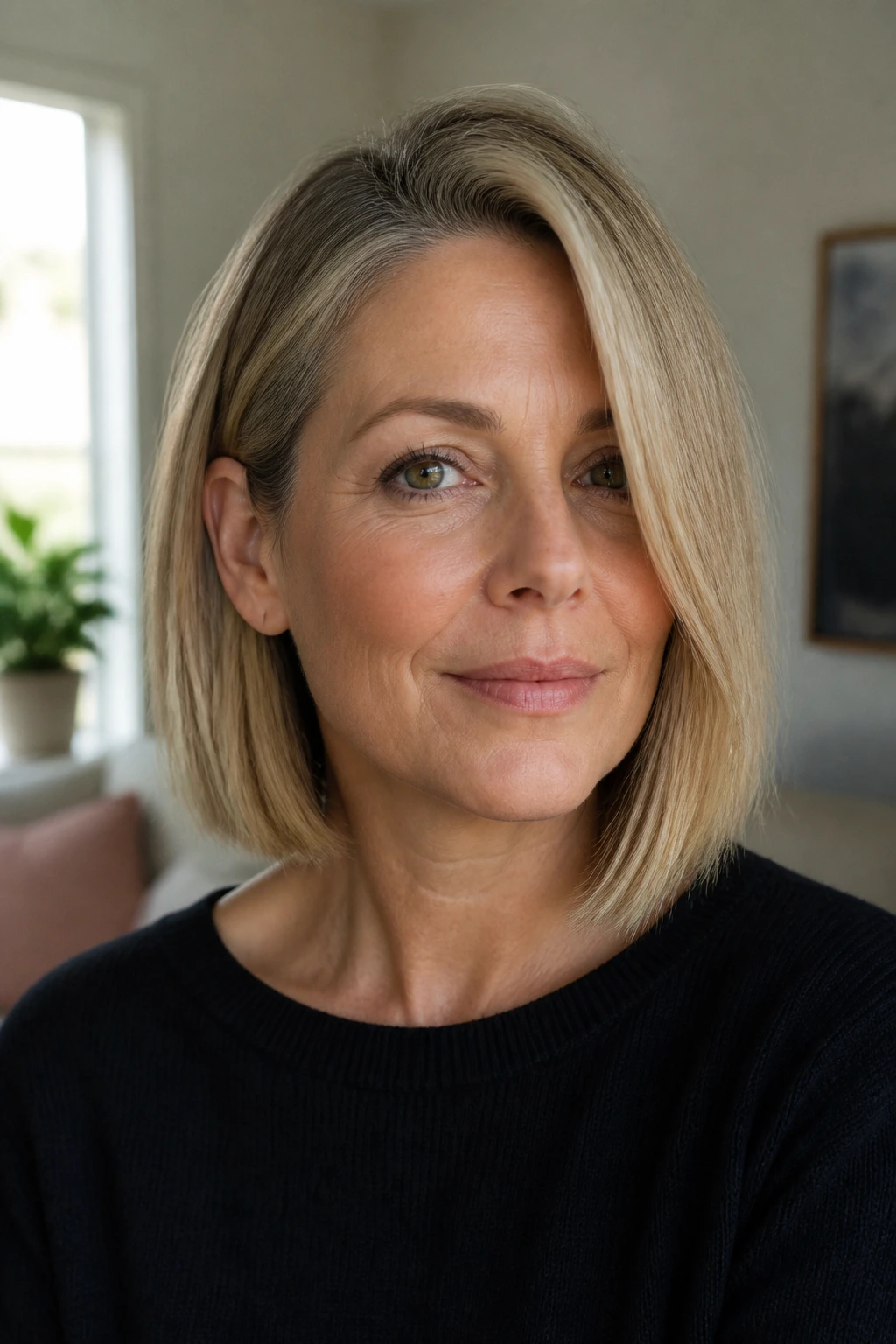Portrait of a woman with blunt lob and deep side part