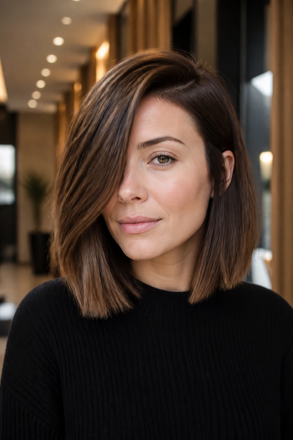 Portrait of a real person with a blunt lob and deep side part