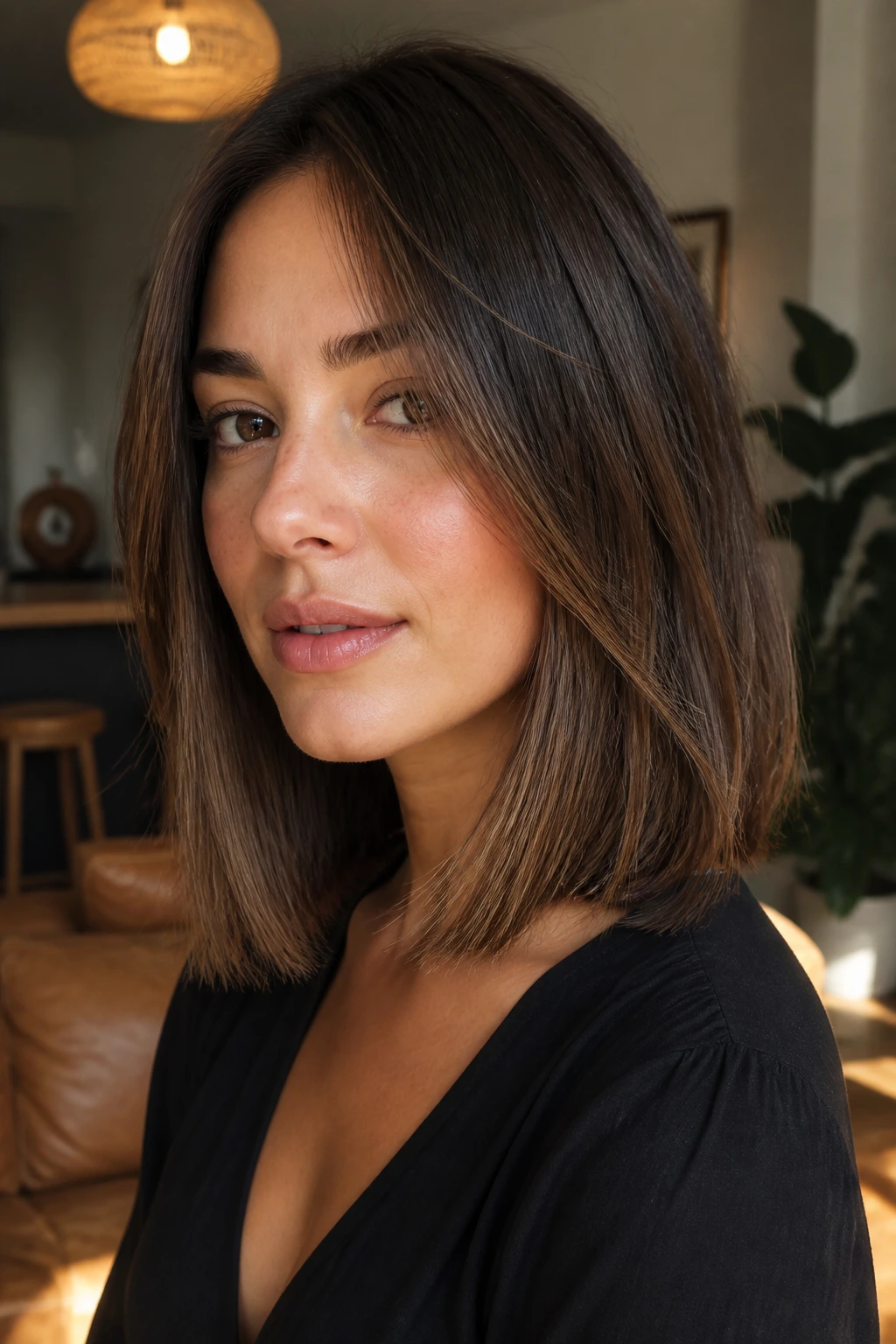 Real woman with blunt lob and subtle interior shaping