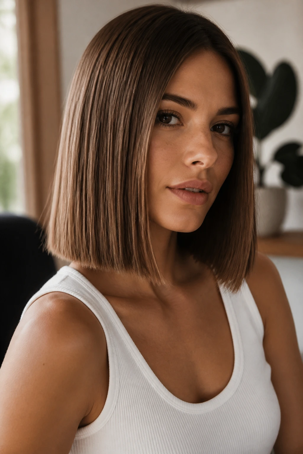 Portrait of a person with a blunt lob showing controlled straight hair