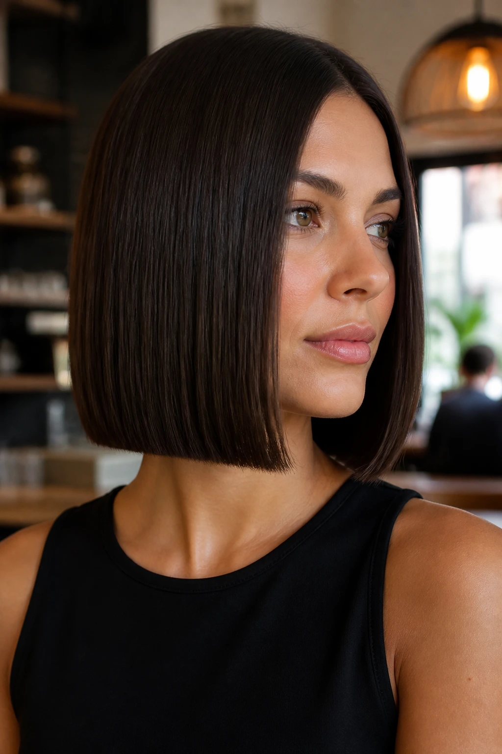 Close-up of a person with a sleek blunt lob, crisp edge above the shoulders