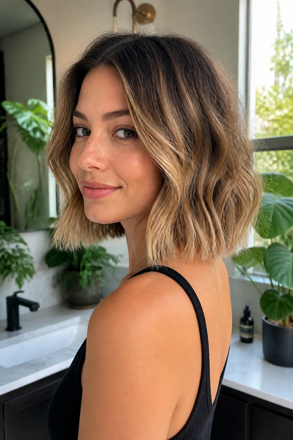Close-up of a real person with a blunt lob softened by texture