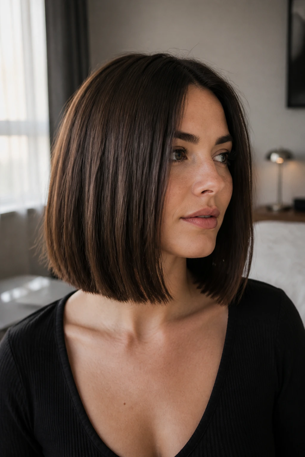 Real woman with blunt lob at chin-collarbone length in soft light