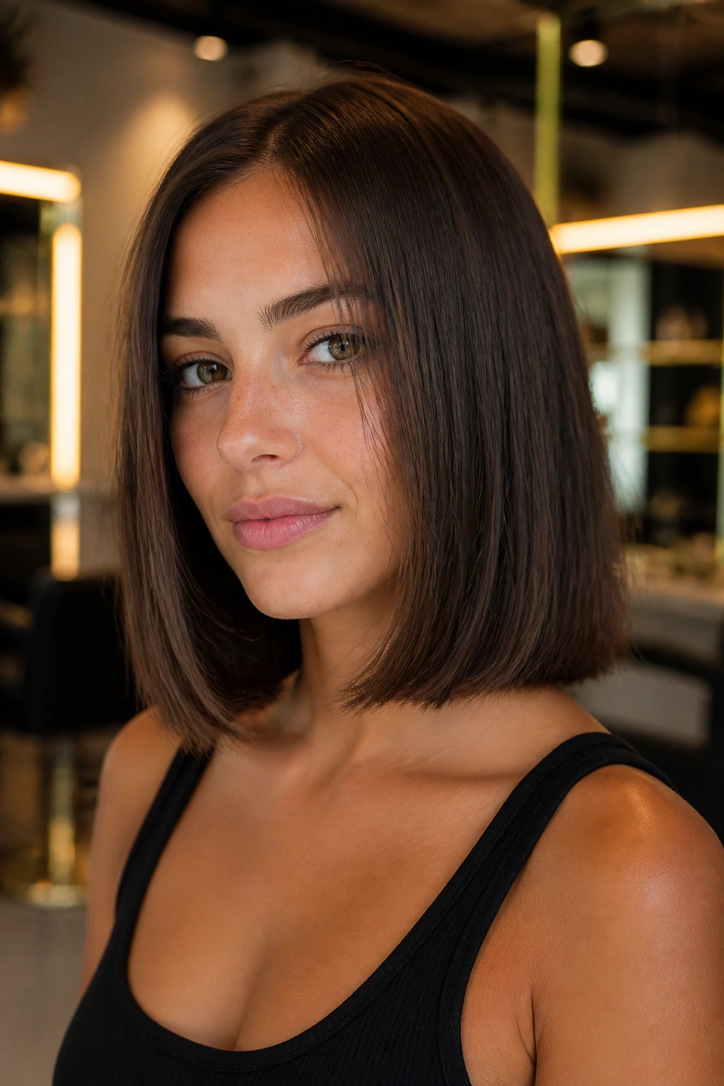 Close-up of blunt lob haircut on a real woman with crisp edges