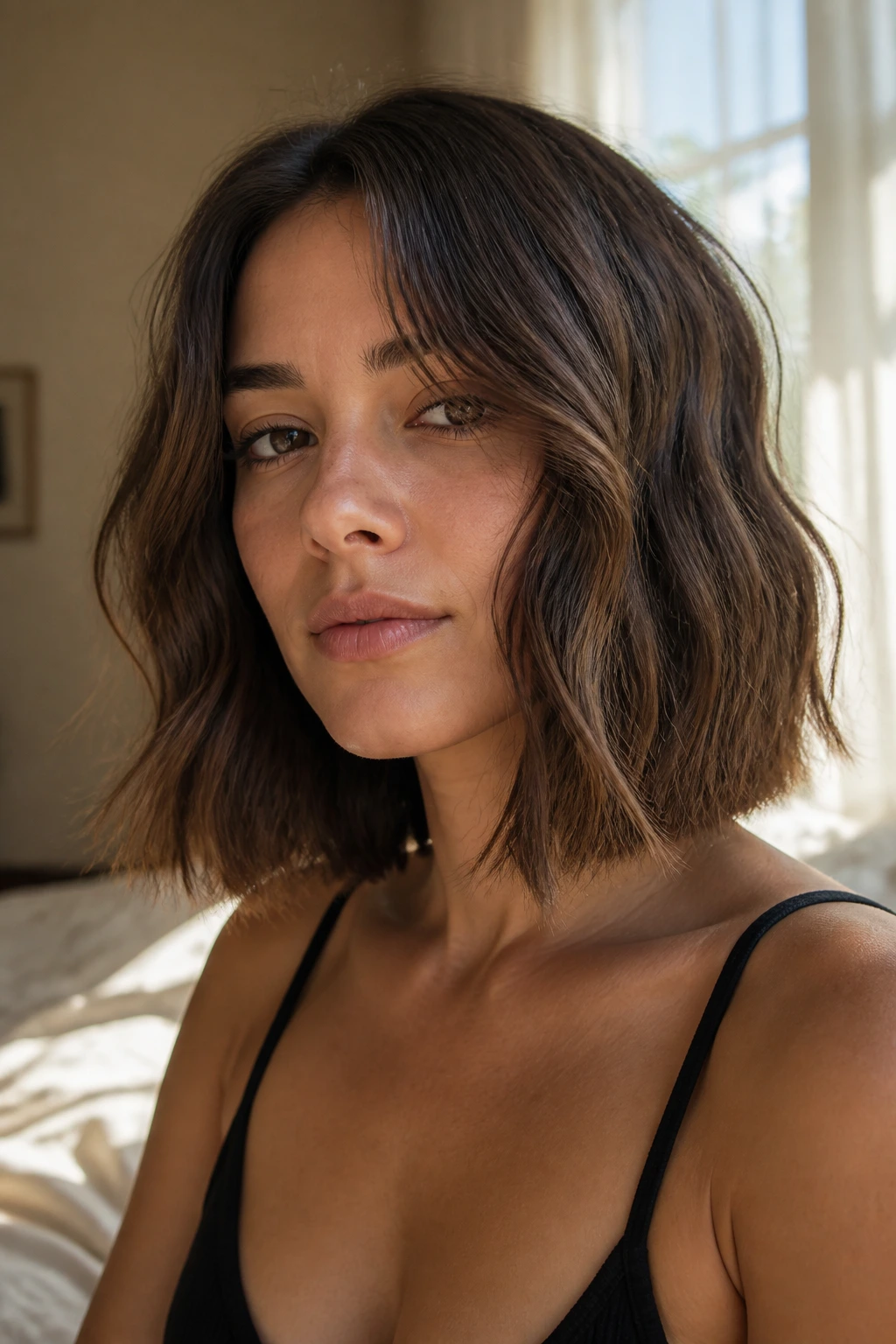 Close-up of real woman with blunt lob undone bend in warm window light