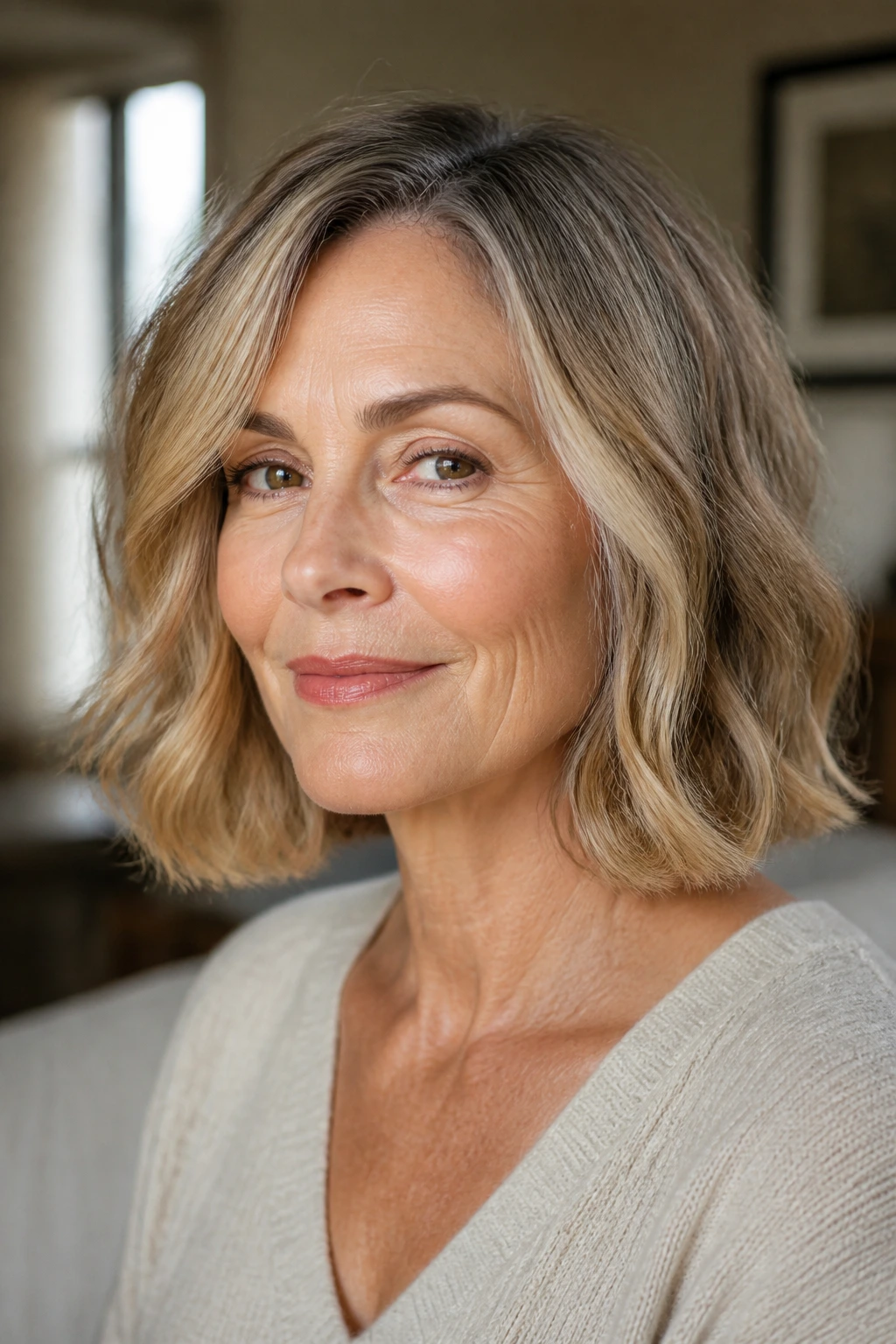 Close-up portrait of a real woman with a blunt lob and gentle bend in wavy hair