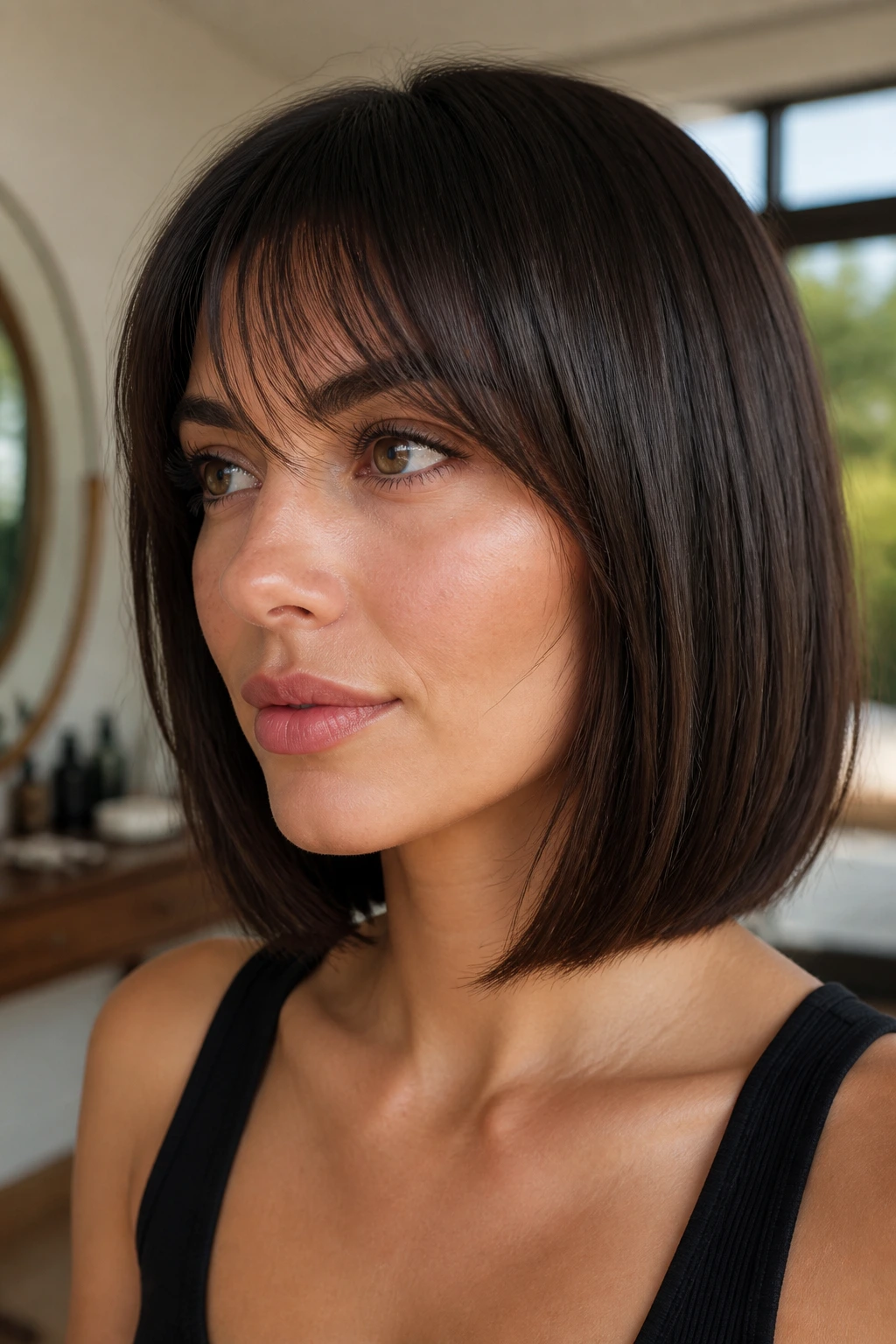 Close-up of a woman with a blunt lob and wispy edge bangs under soft indoor light