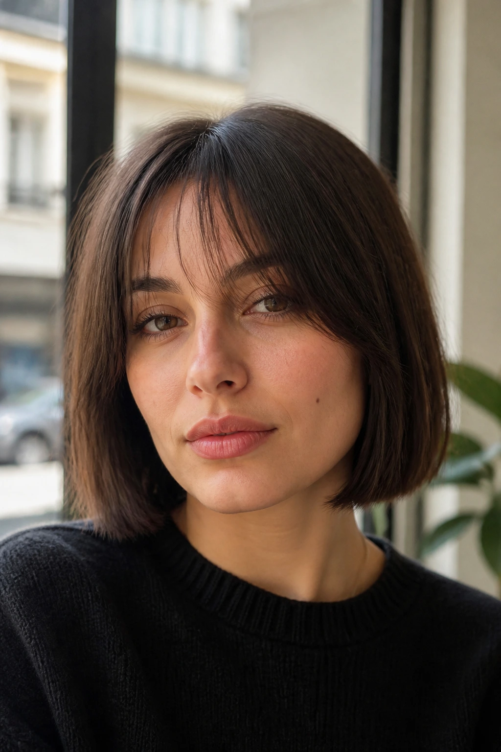 Close-up of a person with blunt lob and wispy fringe