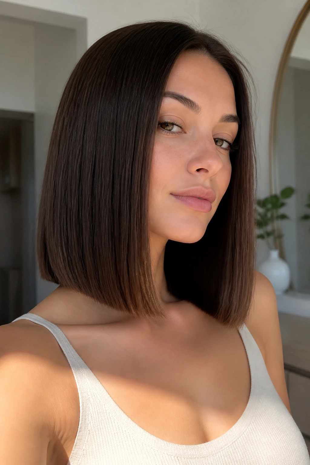 Person with a crisp blunt long bob in a bright home environment.