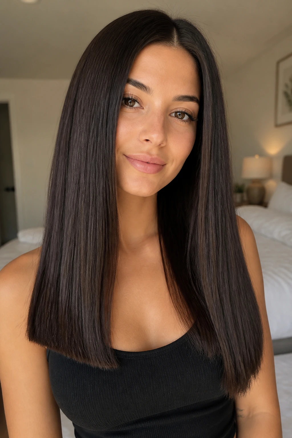 Close-up portrait of a real woman with blunt long cut hairstyle