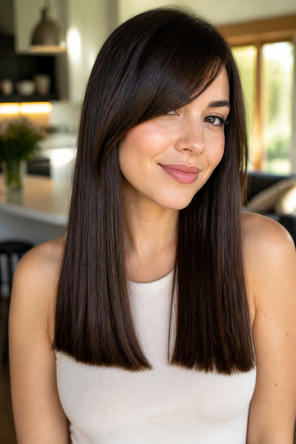 Close-up of a real person with blunt long hair and a soft side-swept bang.