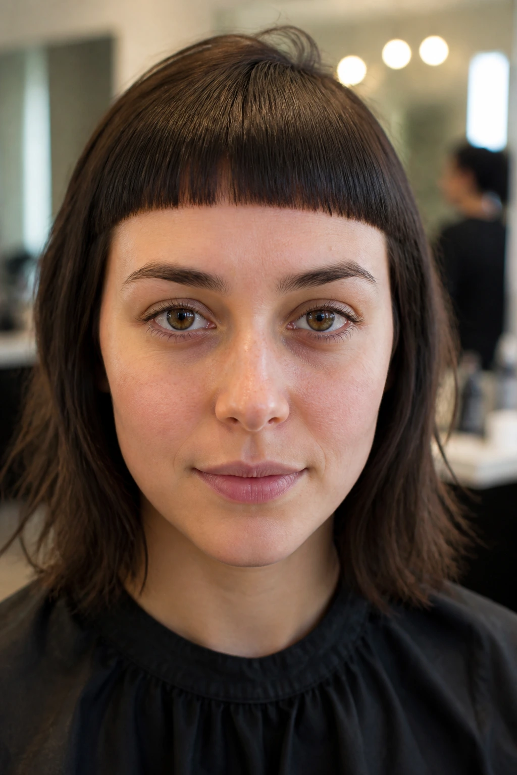 Clean blunt micro bangs close-up on real person with beveled temples