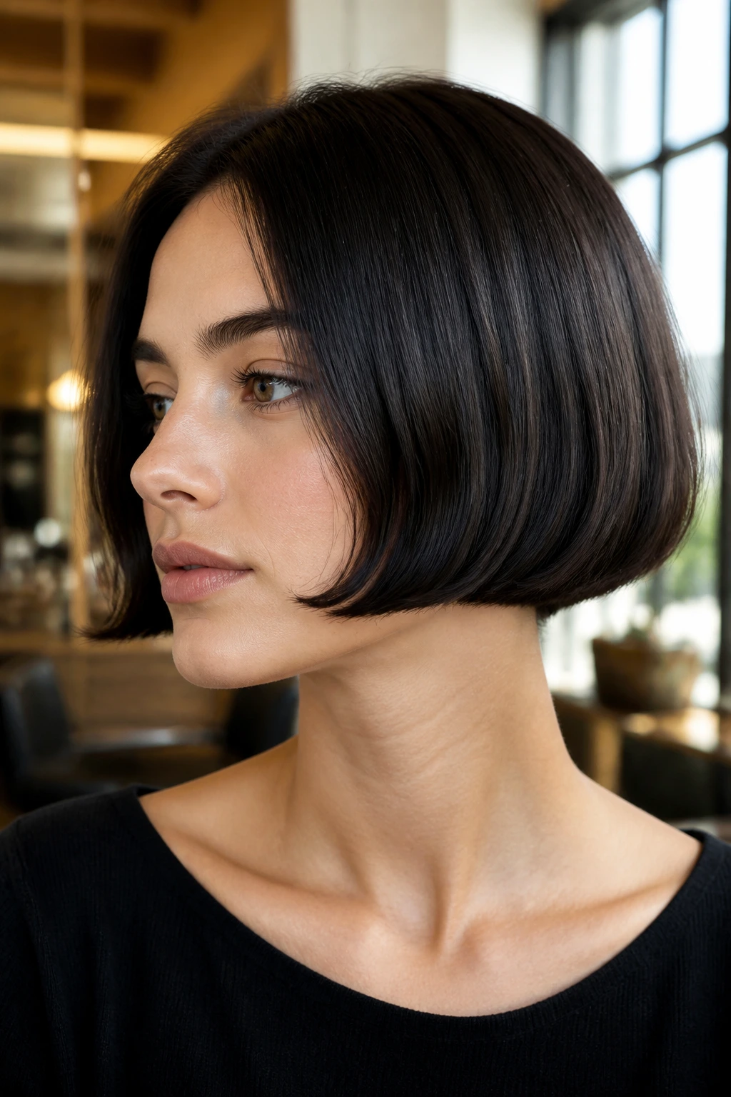 Close-up of a real person with blunt micro bob and bent ends near cheekbone
