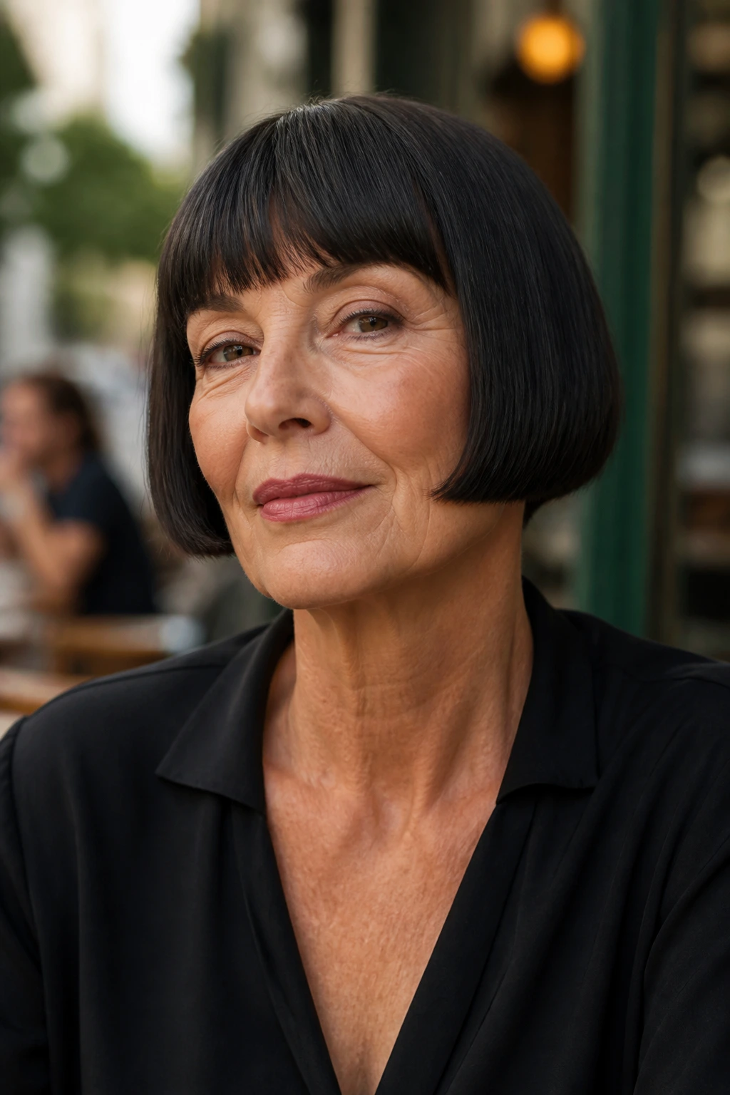 Close-up of a real woman with a blunt micro bob at cheekbone level
