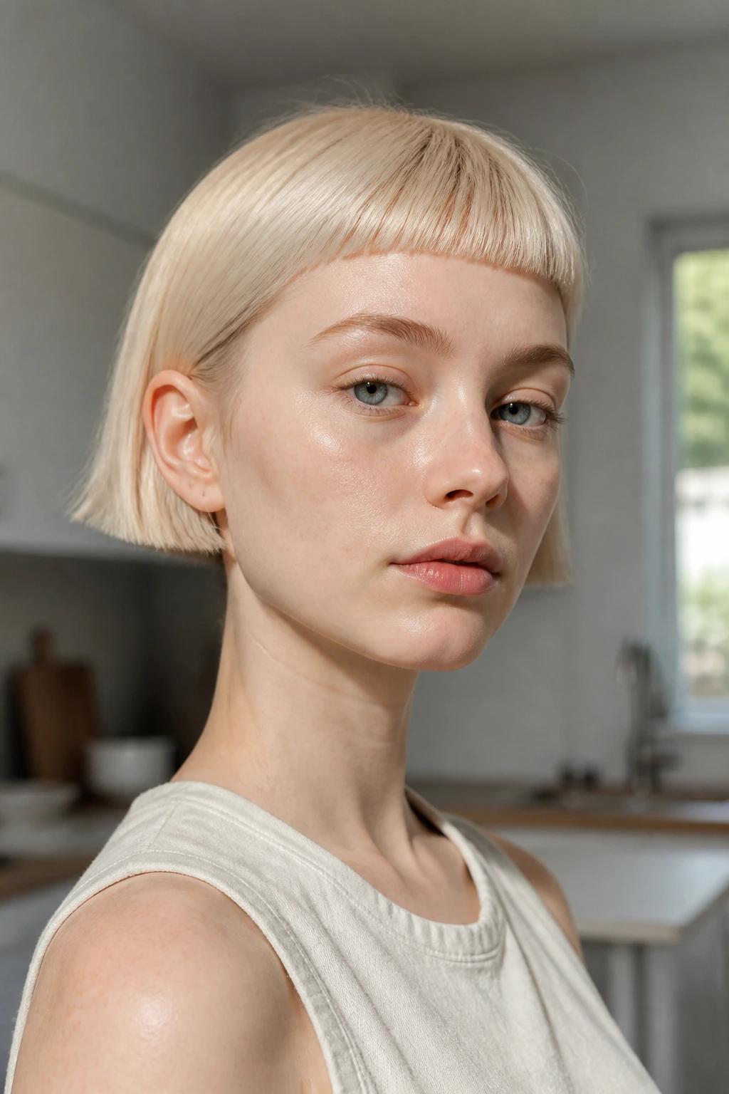 Close-up of a real person with blunt micro bob against pale skin in a sunlit kitchen
